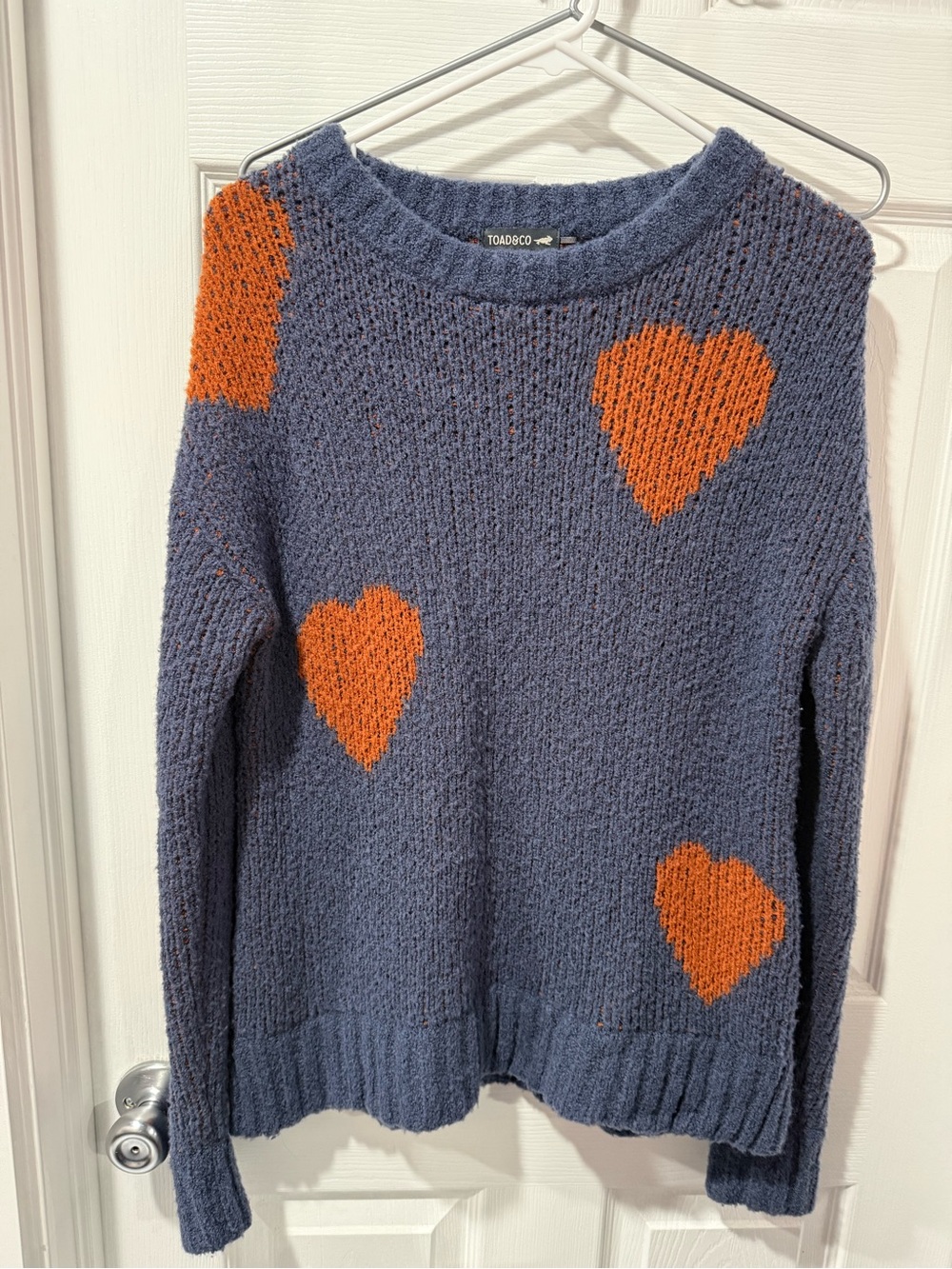 Toad&Co non Mulesed wool Blue Sweater with Orange Hearts